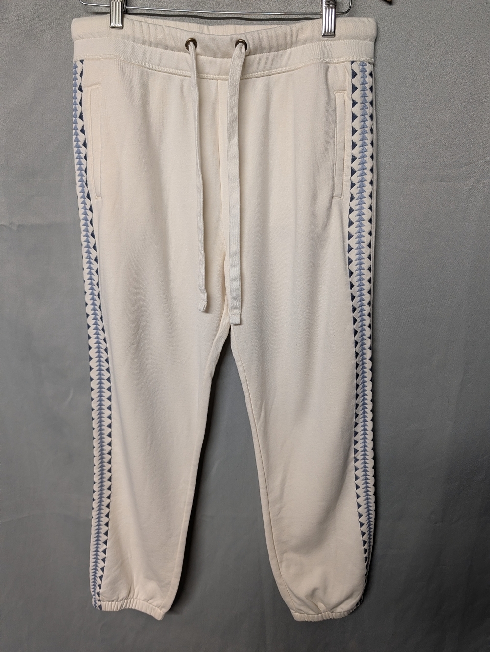 Sundance Cream Joggers with Blue Geometric Embroidered Side Trim Size Small
